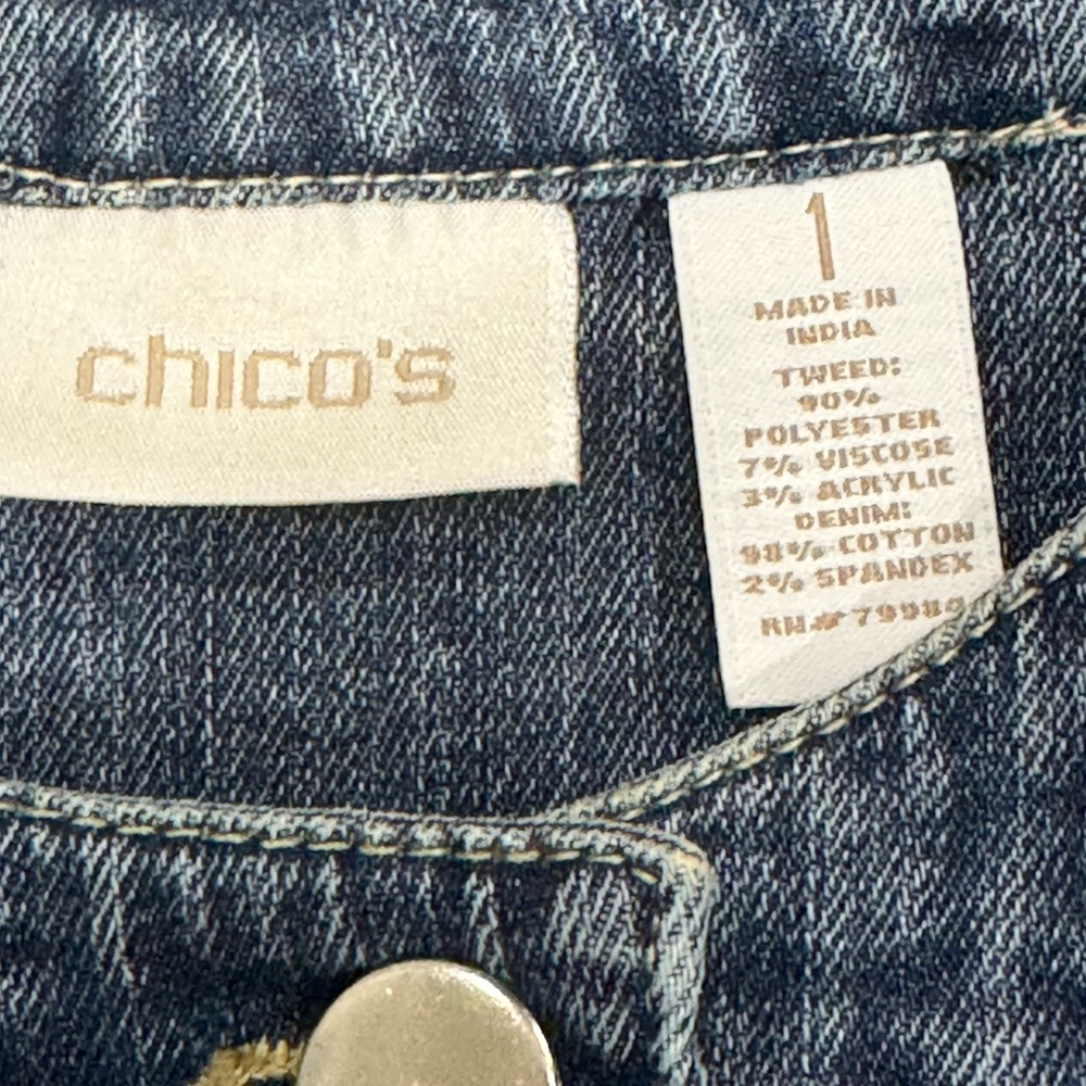 Chico’s Denim Tweed Mixed Media Jacket Blue Silver Button Size 1 M - Picture 3 of 11